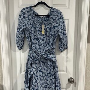 Boden Blue Leaf Pattern Long Sleeve Dress